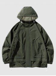Men's Daily Topstitching Design Zippered Pockets Toggle Drawstring Hooded Zip Up Windbreaker Jacket -  