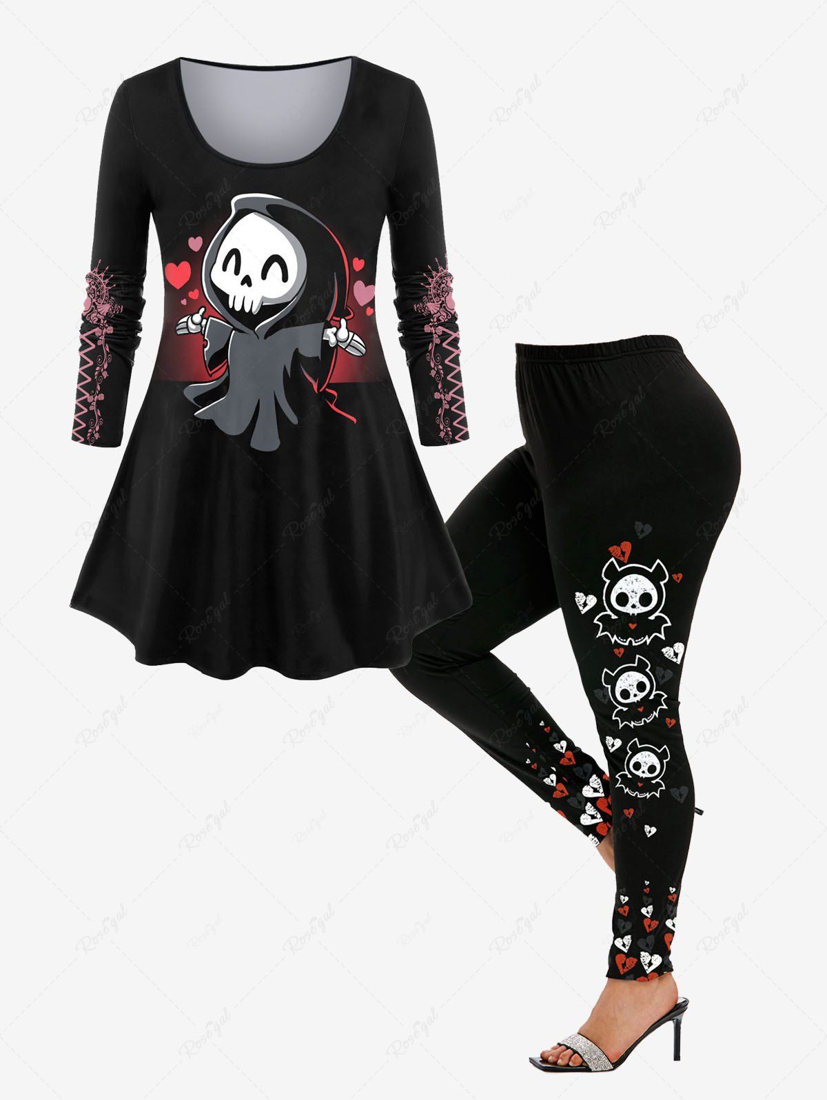 Sale Halloween Skull Ghost Print T-shirt and Cartoon Skulls Heart Bat Halloween Printed Leggings Plus Size Outfit  