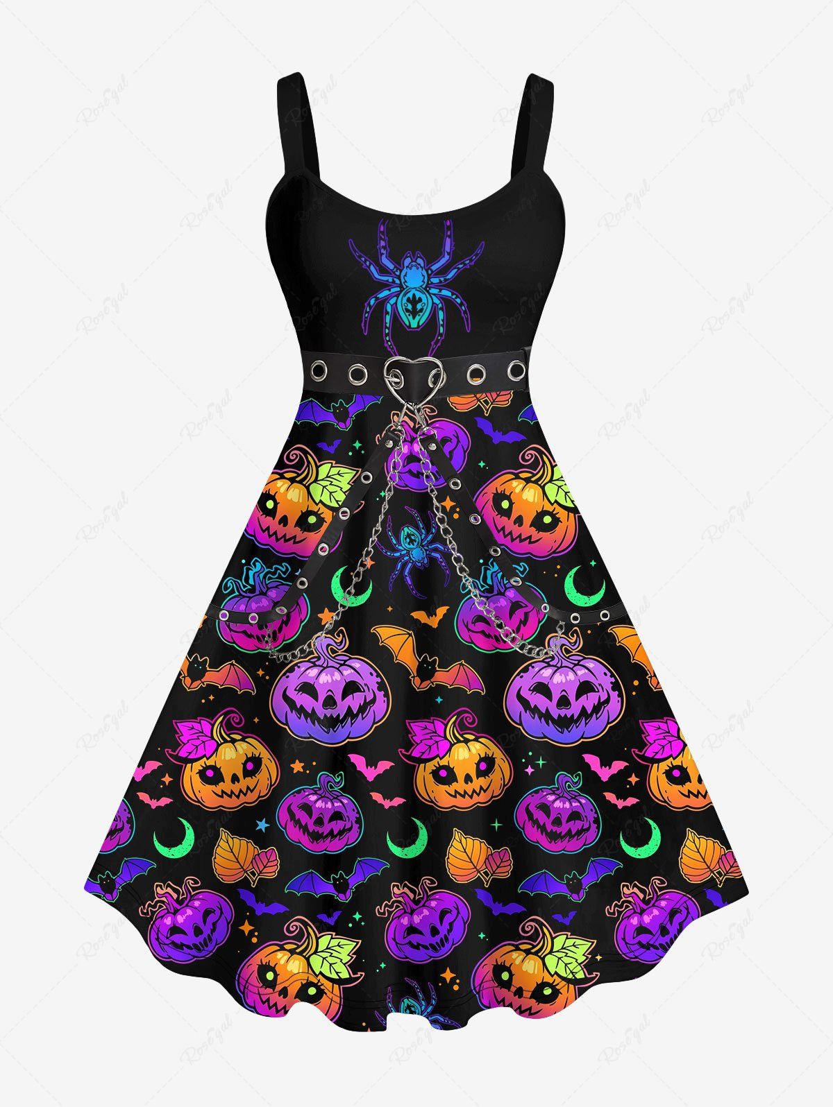 Plus Size Halloween Costume Pumpkin Spider Bat Moon Print Tank Dress Multi-A 6X