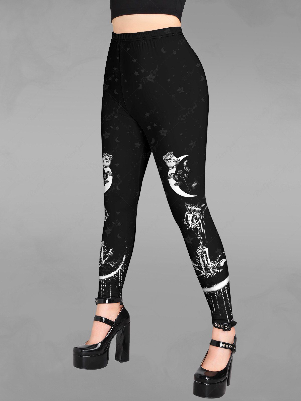 Store Gothic Moon Star Rose Flower Skull Print Halloween Skinny Leggings  