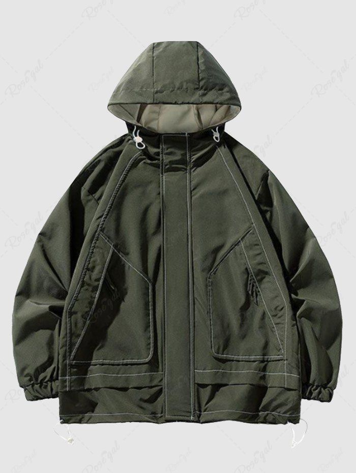 Buy Men's Daily Topstitching Design Zippered Pockets Toggle Drawstring Hooded Zip Up Windbreaker Jacket  