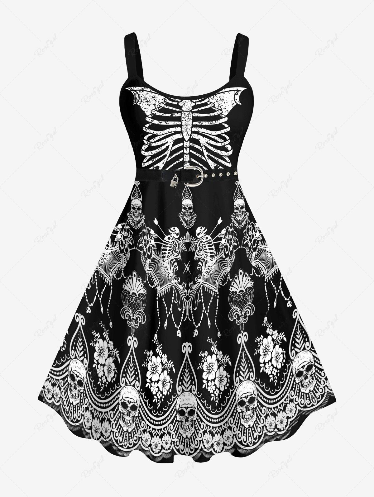 Fashion Plus Size Skull Skeleton Flower Print Tank Dress  