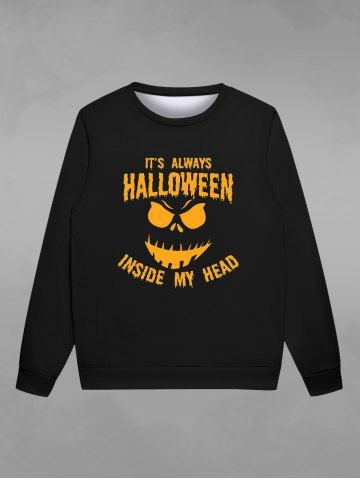 Sweat-shirt Gothique D'Halloween Lettre Visage de Citrouille Imprimée à Col Rond pour Homme