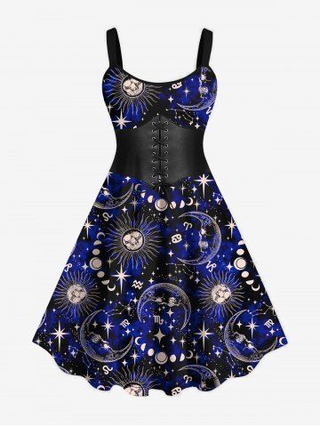 Plus Size Halloween Galaxy Sun Moon Star Lace Up Corset 3D Print Tank Dress - DEEP BLUE - XS