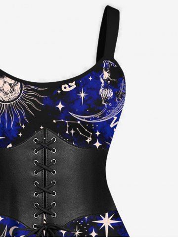 Plus Size Halloween Galaxy Sun Moon Star Lace Up Corset 3D Print Tank Dress