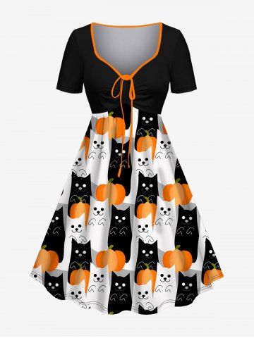 Plus Size Pumpkin Cat Print Cinched Halloween Dress - BLACK - L