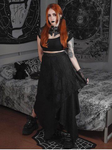 Gothic Lace Overlay Layered Handkerchief Hem Midi Skirt - BLACK - L | US 12