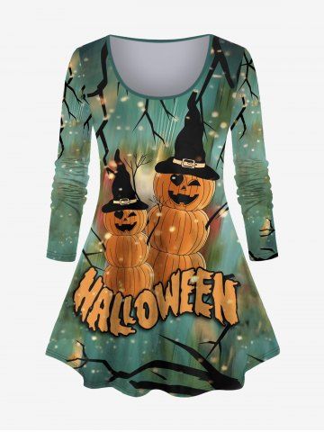 Plus Size Halloween Hat Pumpkin Letters Glitter Print T-shirt - GREEN - L