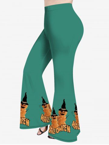 Plus Size Halloween Hat Pumpkin Print Flare Pants - GREEN - 1X