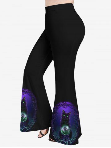 Plus Size Halloween Tree Cat Crystal Ball Print Flare Pants - PURPLE - XS
