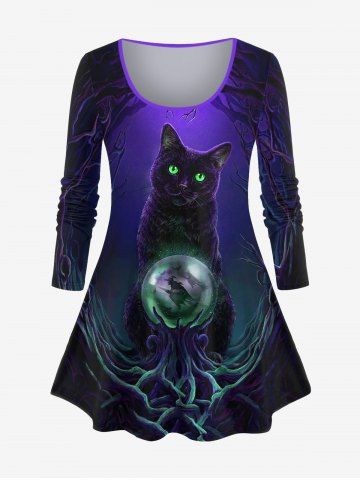 Plus Size Halloween Cat Crystal Ball Tree Print T-shirt - PURPLE - XS