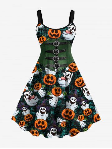 Plus Size Halloween Pumpkin Host Corset 3D Print Tank Dress - MULTI-A - XS