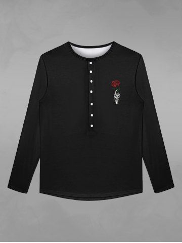 Gothic Halloween Skeleton Claw Rose Print Buttons T-shirt For Men - BLACK - XS