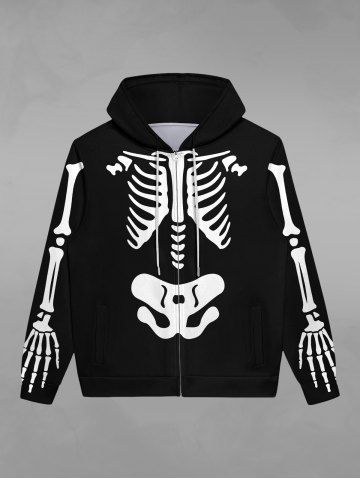 Gothic Halloween Skeleton Print Zipper Drawstring Hoodie For Men - BLACK - XL
