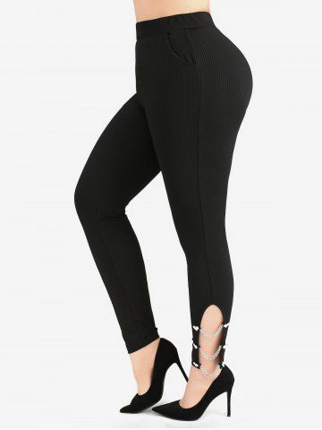 Plus Size Heart Buckle Chains Panel Pockets Textured Ribbed Skinny Leggings - BLACK - L | US 12