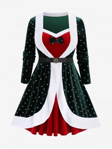 Plus Size Christmas Star Printed Bowknot Belt Velvet Tulip Hem Layered 2 In 1 Dress - GREEN - L | US 12