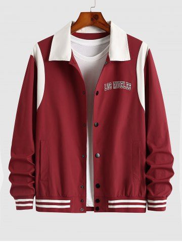 Men's Daily Letter LOS ANGELES Printed Colorblock Stripes Panel Snap Button Baseball Varsity Jacket