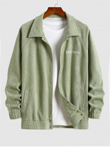 Men's Daily Letter NEW YORK Embroidered Snap Button Raglan Sleeve Pockets Faux Suede Jacket - LIGHT GREEN - L