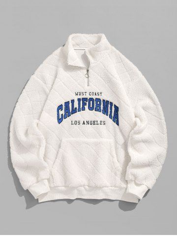 Men's Daily Letter CALIFORNIA LOS ANGELES Embroidered Quarter Zip Mock Neck Front Pocket Fluffy Fuzzy Textured Sherpa Fleece Pullover Sweatshirt