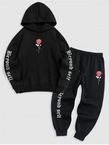 Men's Matching Co Ord Sweatsuit Letter Floral Rose Graphic Printed Drawstring Front Pocket Thermal Fleece Lined Hoodie and Beam Feet Jogger Pants Two Piece Set