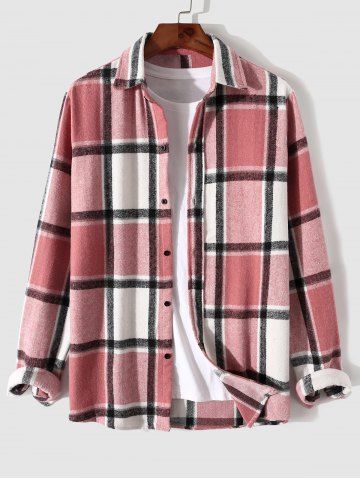 Men's Casual Colorblock Plaid Pattern Flannel Button Front Long Sleeves Shacket - LIGHT PINK - S