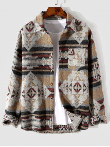 Men's Aztec Geometric Print Pocket Design Woolen Shacket Jacket