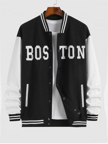 Men's BOSTON Embroidered Contrast Trim Single-breasted College Style Baseball Jacket - BLACK - XXL