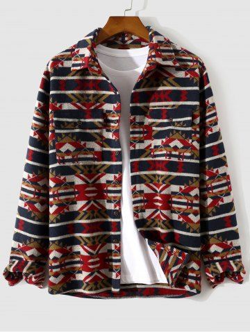 Ethnic Aztec Printed Pocket Flannel Shacket - RED - S