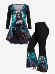 Plus Size Halloween Moon Cat Bird Demon Flame Printed T-shirt and Flare Pants Outfit -  