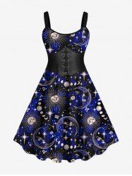 Plus Size Halloween Galaxy Sun Moon Star Lace Up Corset 3D Print Tank Dress -  