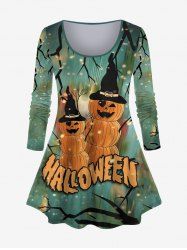 T-shirt D'Halloween Lettre Citrouille Imprimée Grande Taille à Paillettes - Vert 4X