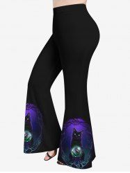 Plus Size Halloween Tree Cat Crystal Ball Print Flare Pants -  