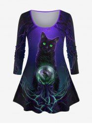 Plus Size Halloween Cat Crystal Ball Tree Print T-shirt -  