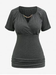 Plus Size Chain Panel Ruched Surplice Marled T-shirt -  