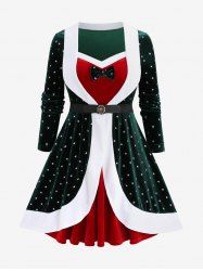 Plus Size Christmas Star Printed Bowknot Belt Velvet Tulip Hem Layered 2 In 1 Dress -  
