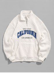 Men's Daily Letter CALIFORNIA LOS ANGELES Embroidered Quarter Zip Mock Neck Front Pocket Fluffy Fuzzy Textured Sherpa Fleece Pullover Sweatshirt -  