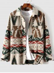Ethnic Aztec Geometric Print Colorblock Pocket Design Woolen Shacket Jacket -  