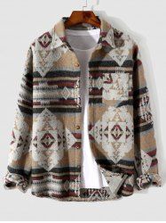 Men's Aztec Geometric Print Pocket Design Woolen Shacket Jacket -  