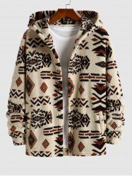 Men's Ethnic Style Aztec Printed Fluffy Fleece Button Fly Hooded Coat -  