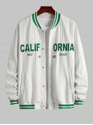 Men's Preppy Daily Zip Up Letter Embroidered Stripes Panel Cable Jacquard Textured Snap Button Baseball Varsity Jacket -  