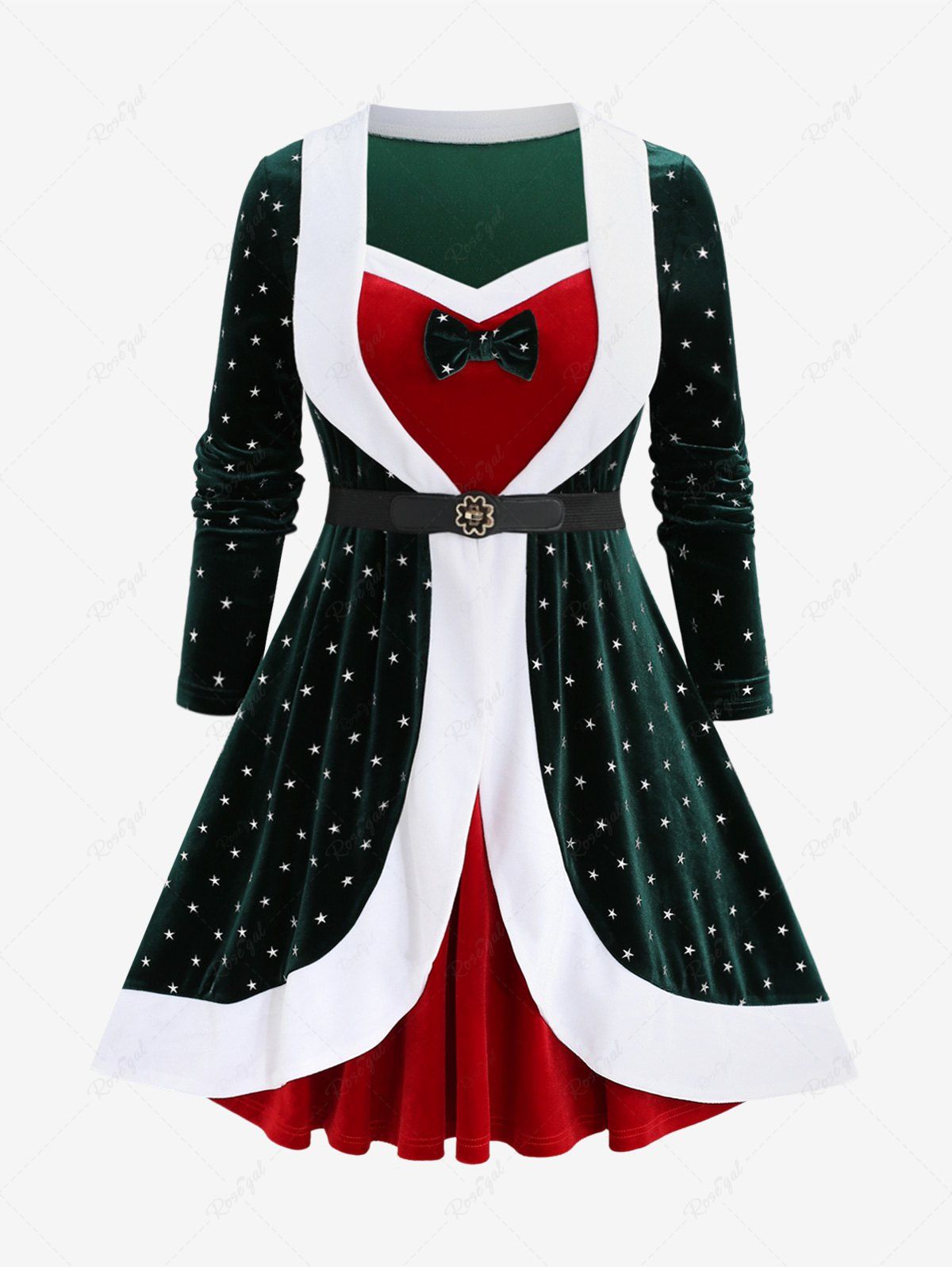 Unique Plus Size Christmas Star Printed Bowknot Belt Velvet Tulip Hem Layered 2 In 1 Dress  