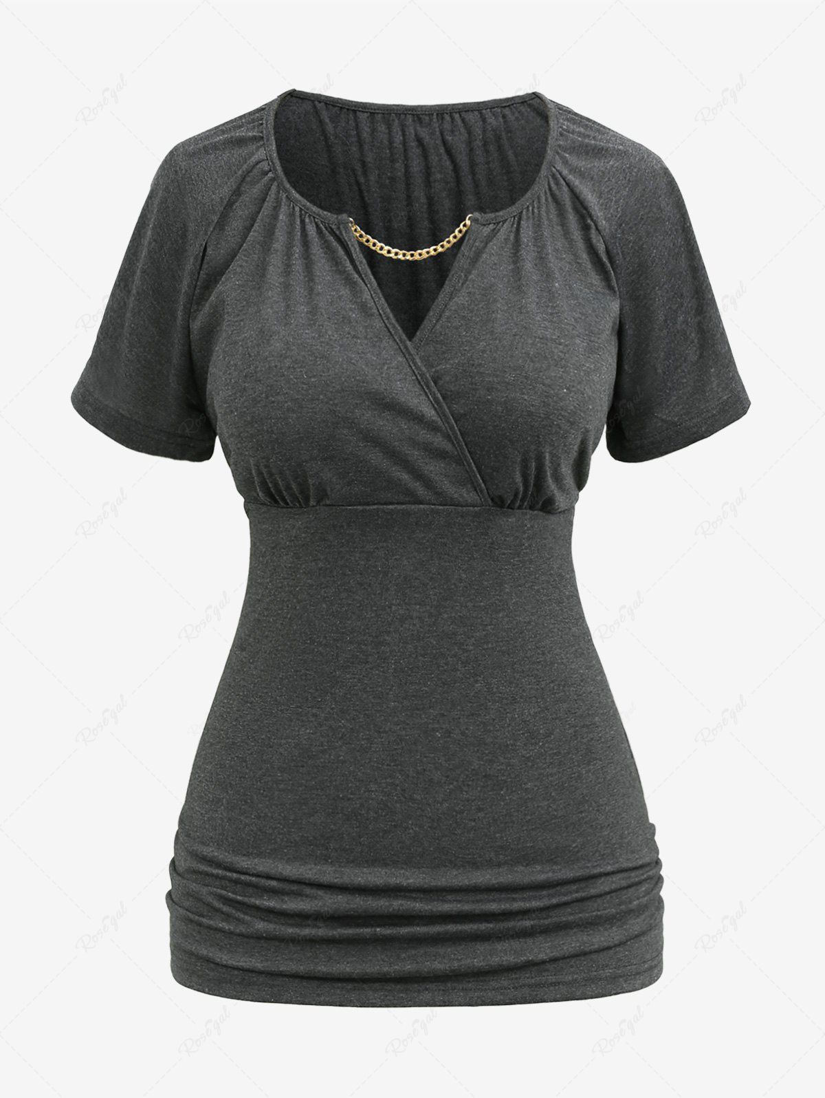 Discount Plus Size Chain Panel Ruched Surplice Marled T-shirt  