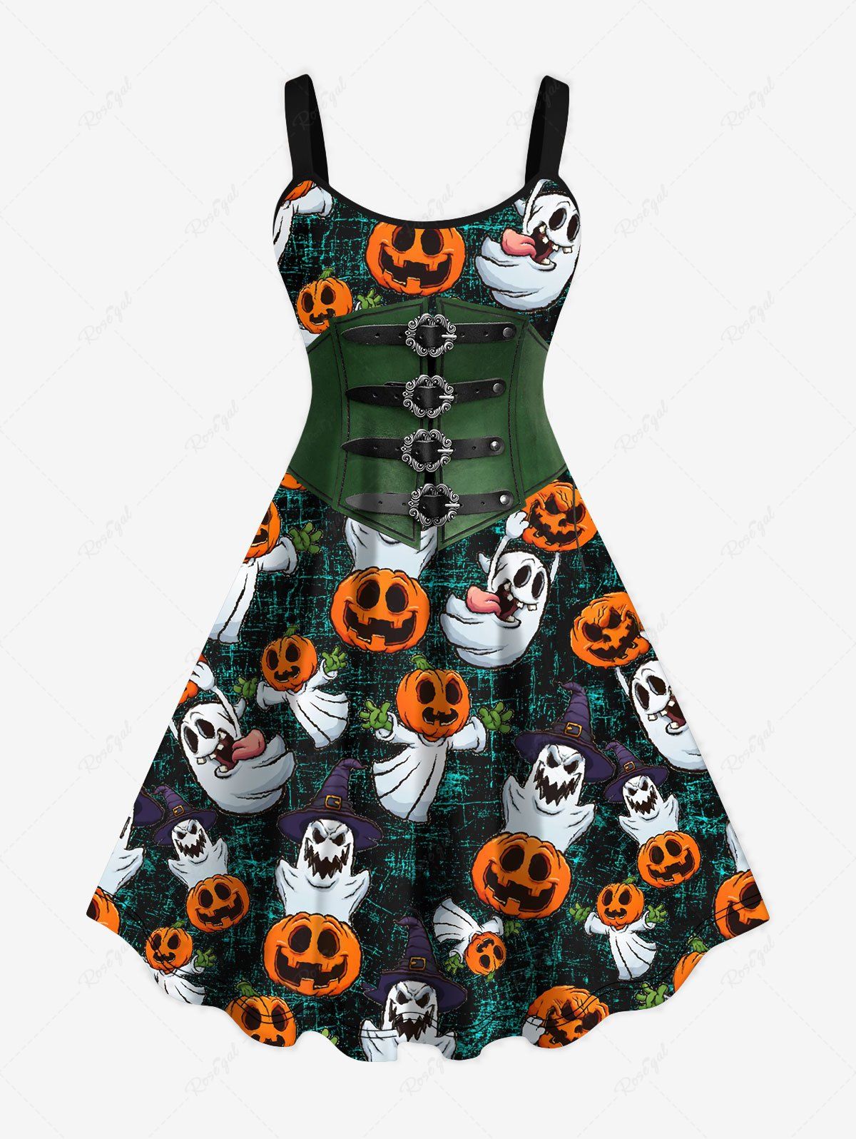 Online Plus Size Halloween Pumpkin Host Corset 3D Print Tank Dress  