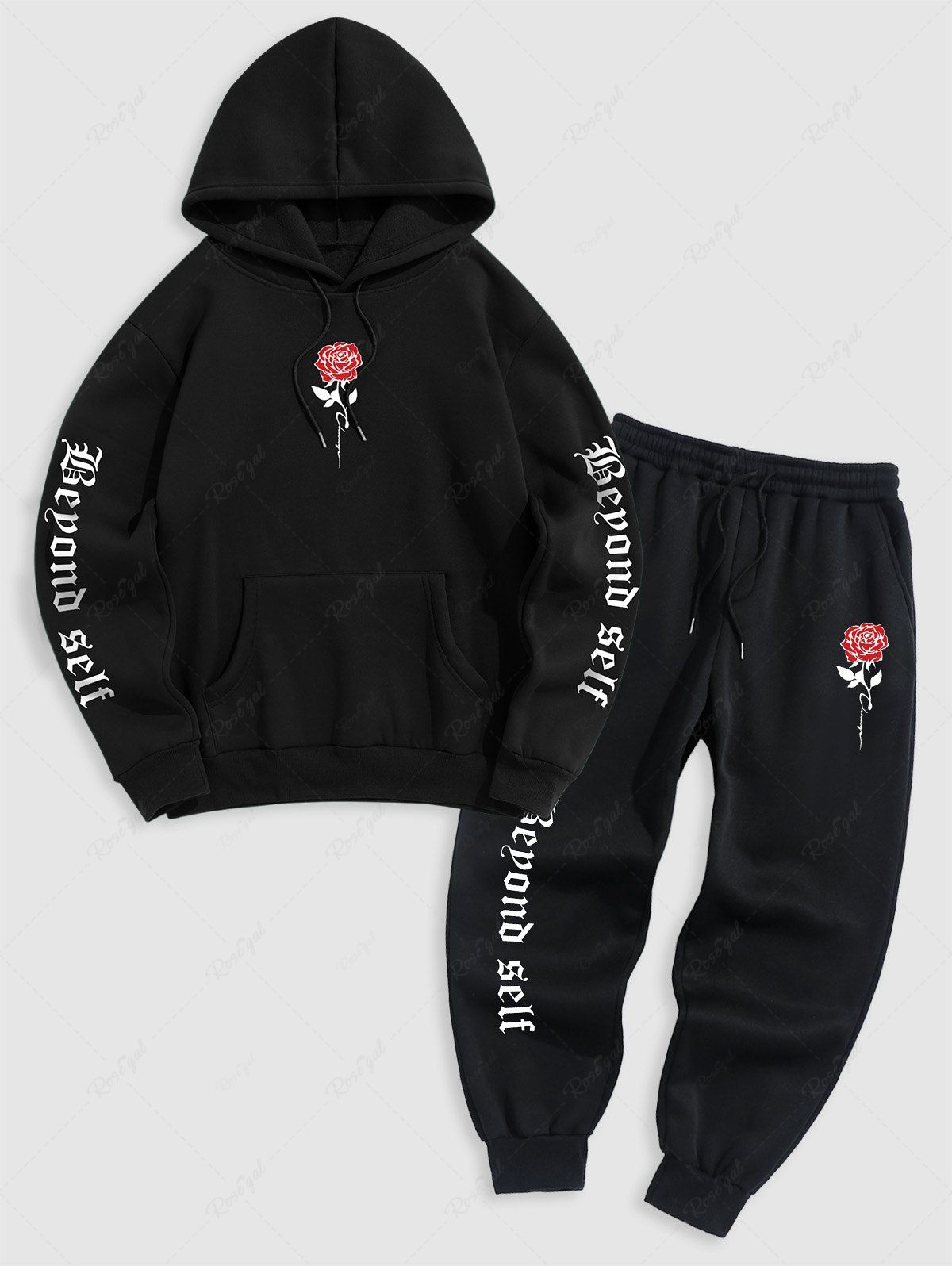 Affordable Men's Matching Co Ord Sweatsuit Letter Floral Rose Graphic Printed Drawstring Front Pocket Thermal Fleece Lined Hoodie and Beam Feet Jogger Pants Two Piece Set  