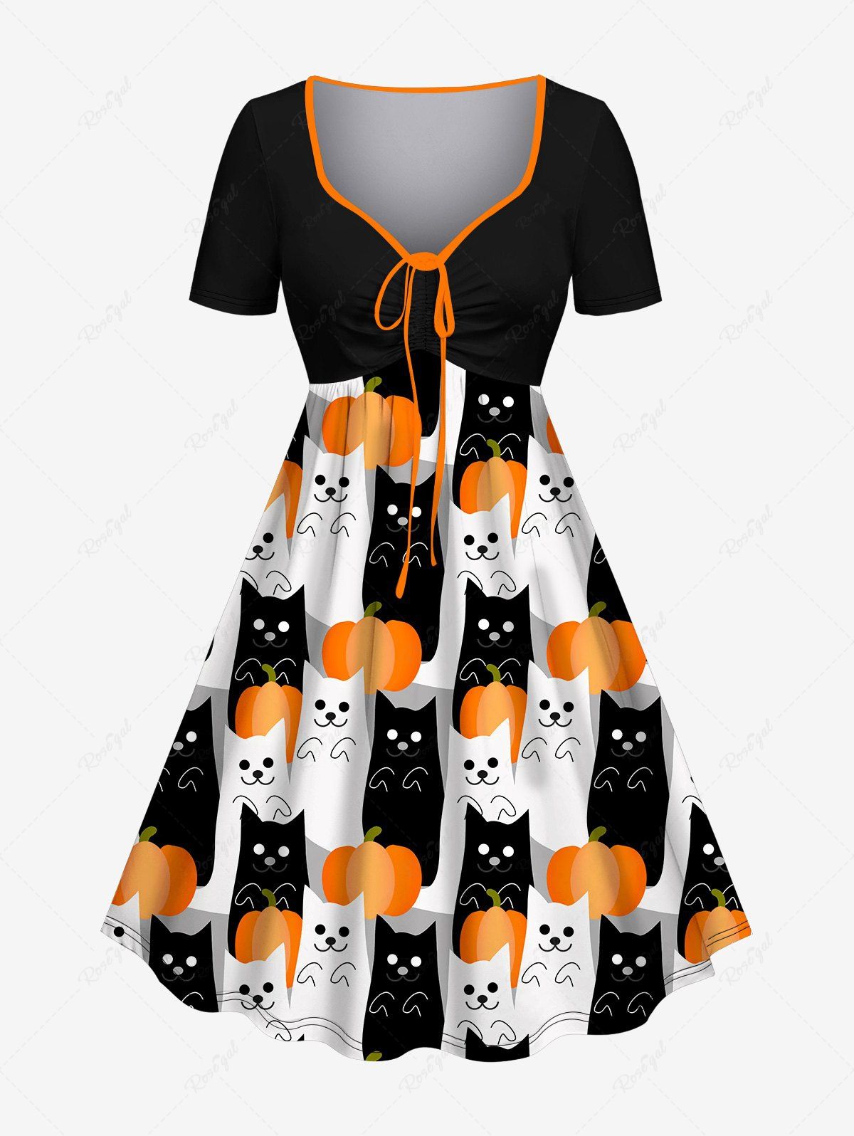 Cheap Plus Size Pumpkin Cat Print Cinched Halloween Dress  