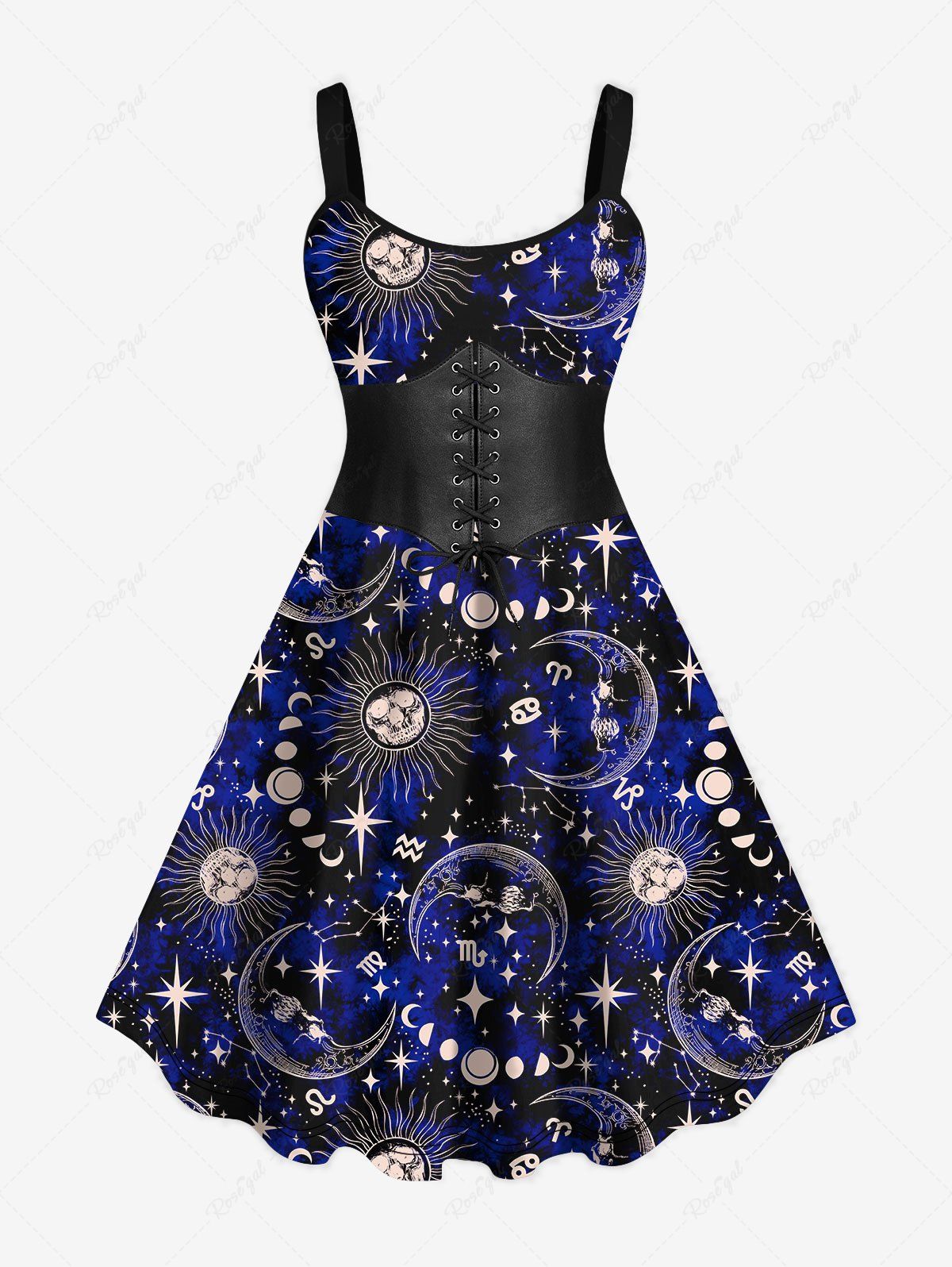 Affordable Plus Size Halloween Galaxy Sun Moon Star Lace Up Corset 3D Print Tank Dress  