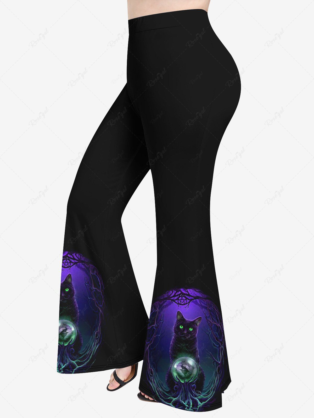 Affordable Plus Size Halloween Tree Cat Crystal Ball Print Flare Pants  