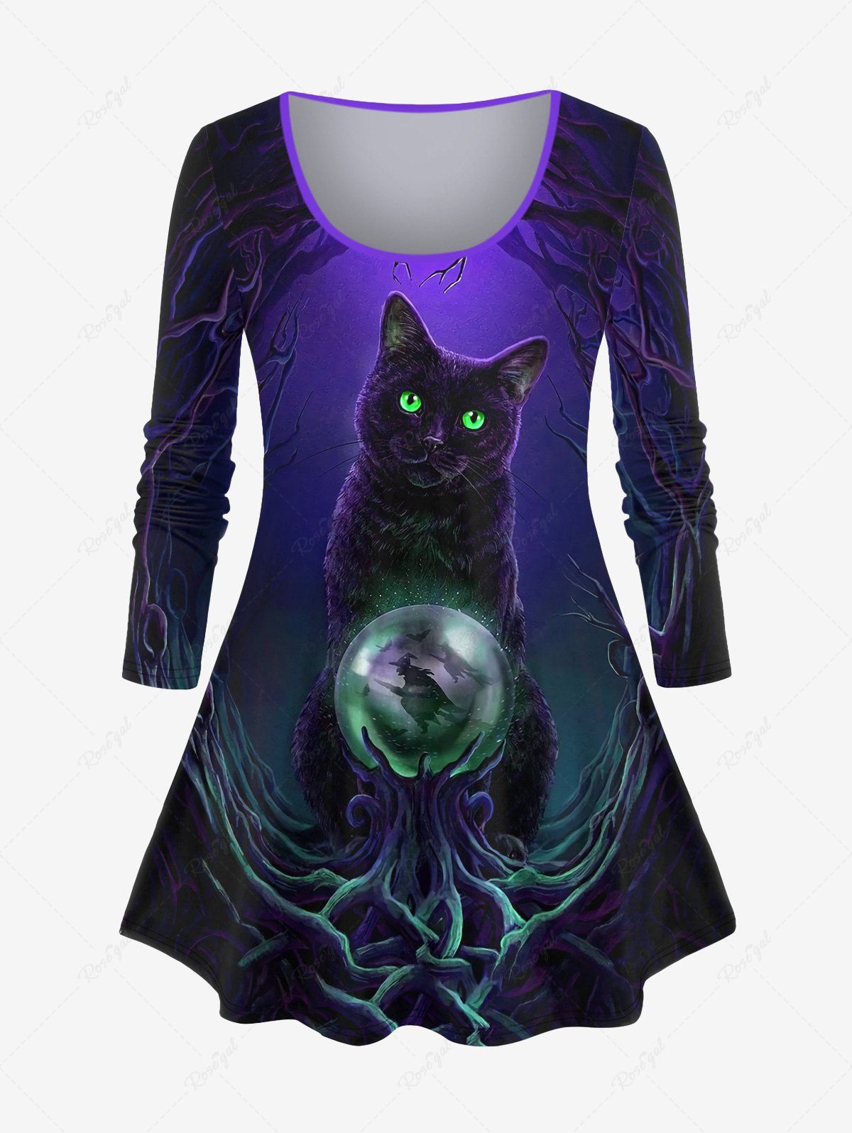 Trendy Plus Size Halloween Cat Crystal Ball Tree Print T-shirt  