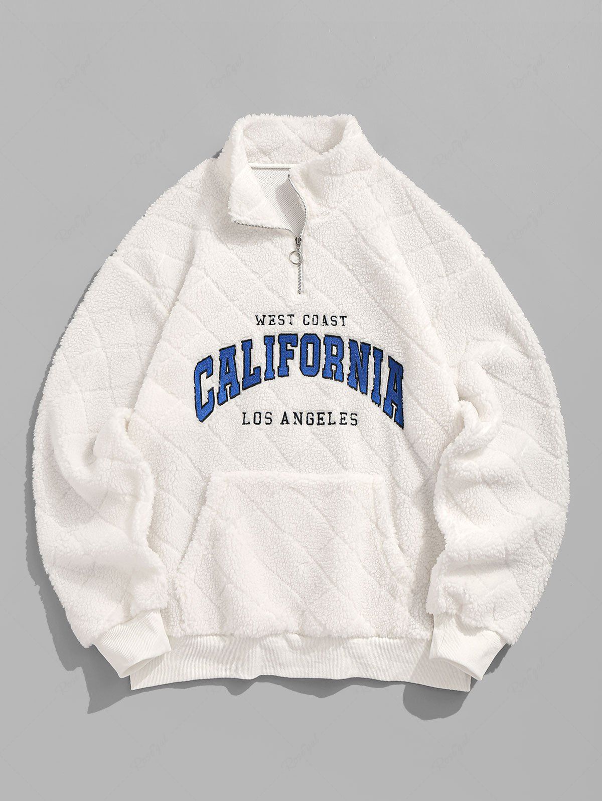 Trendy Men's Daily Letter CALIFORNIA LOS ANGELES Embroidered Quarter Zip Mock Neck Front Pocket Fluffy Fuzzy Textured Sherpa Fleece Pullover Sweatshirt  