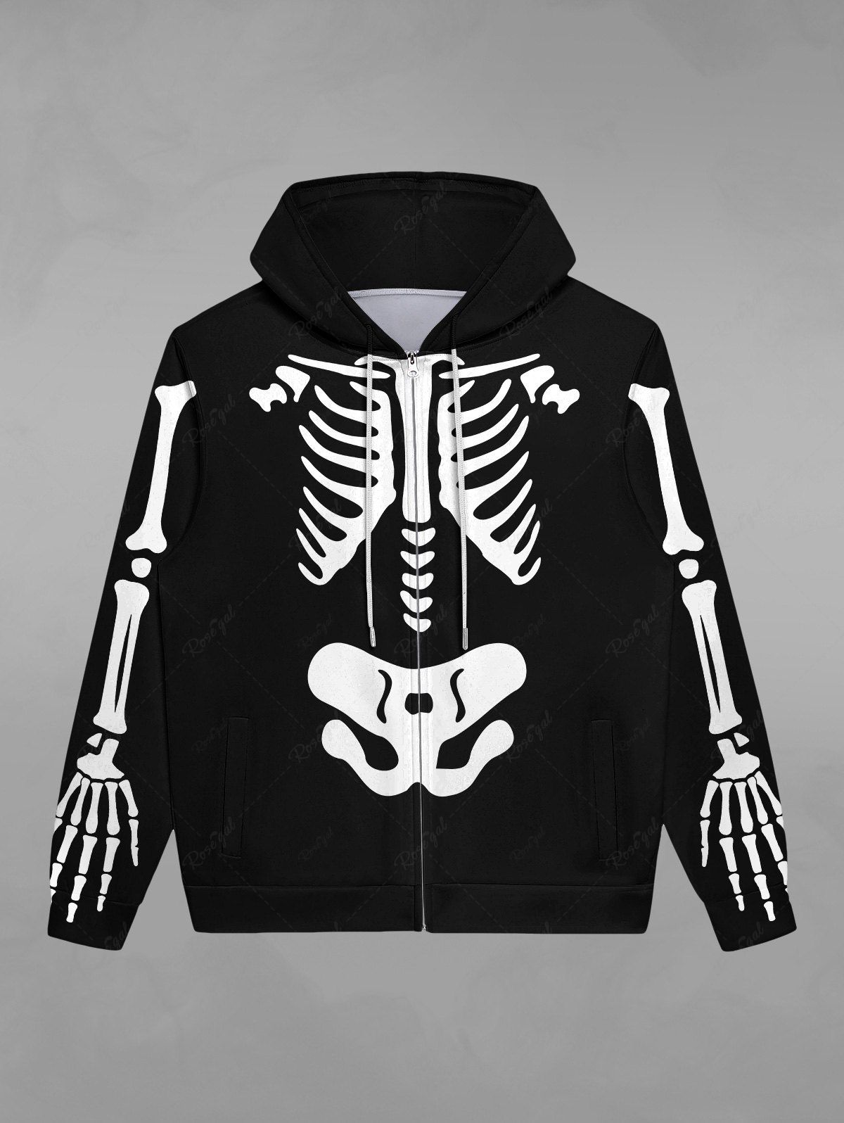 Cheap Gothic Halloween Skeleton Print Zipper Drawstring Hoodie For Men  